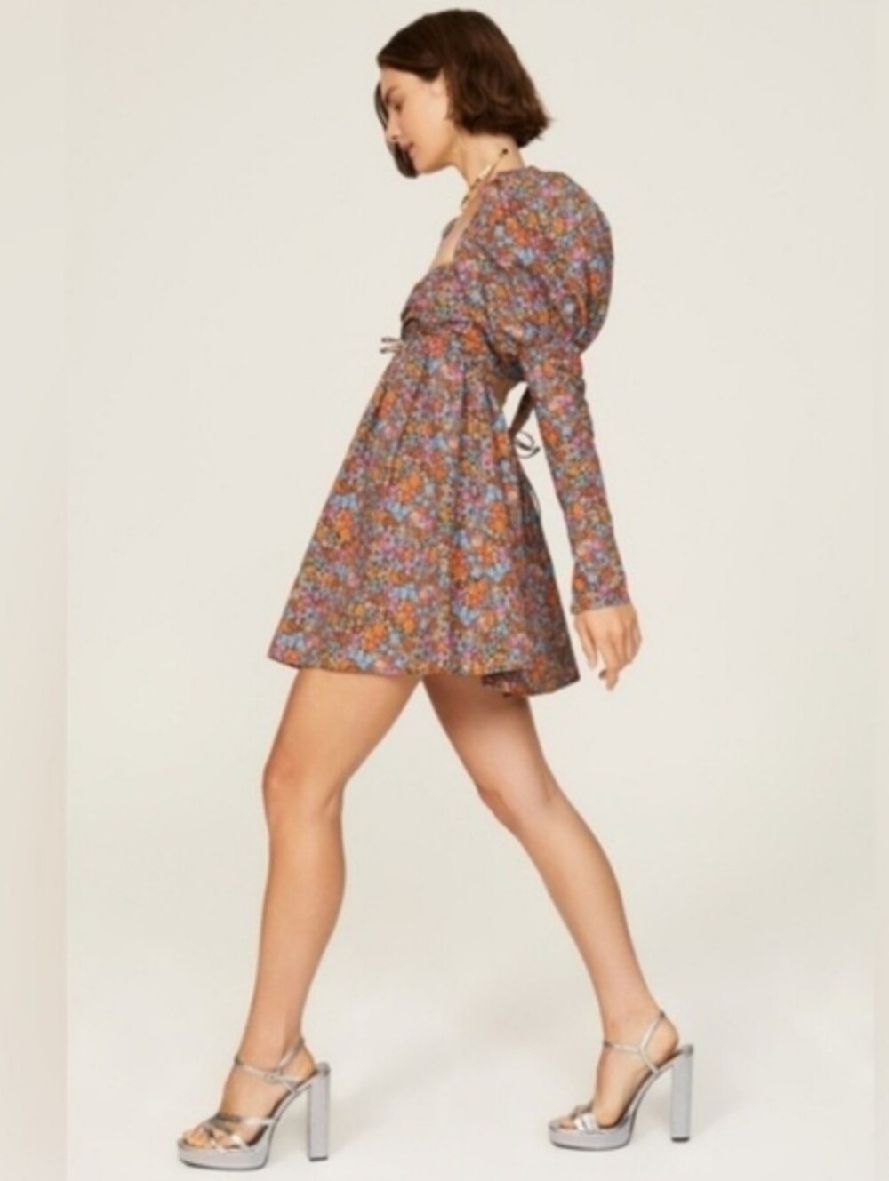 New!For Love And Lemons Brittany Long Sleeve Floral Print Mini Dress - Picture 5 of 12